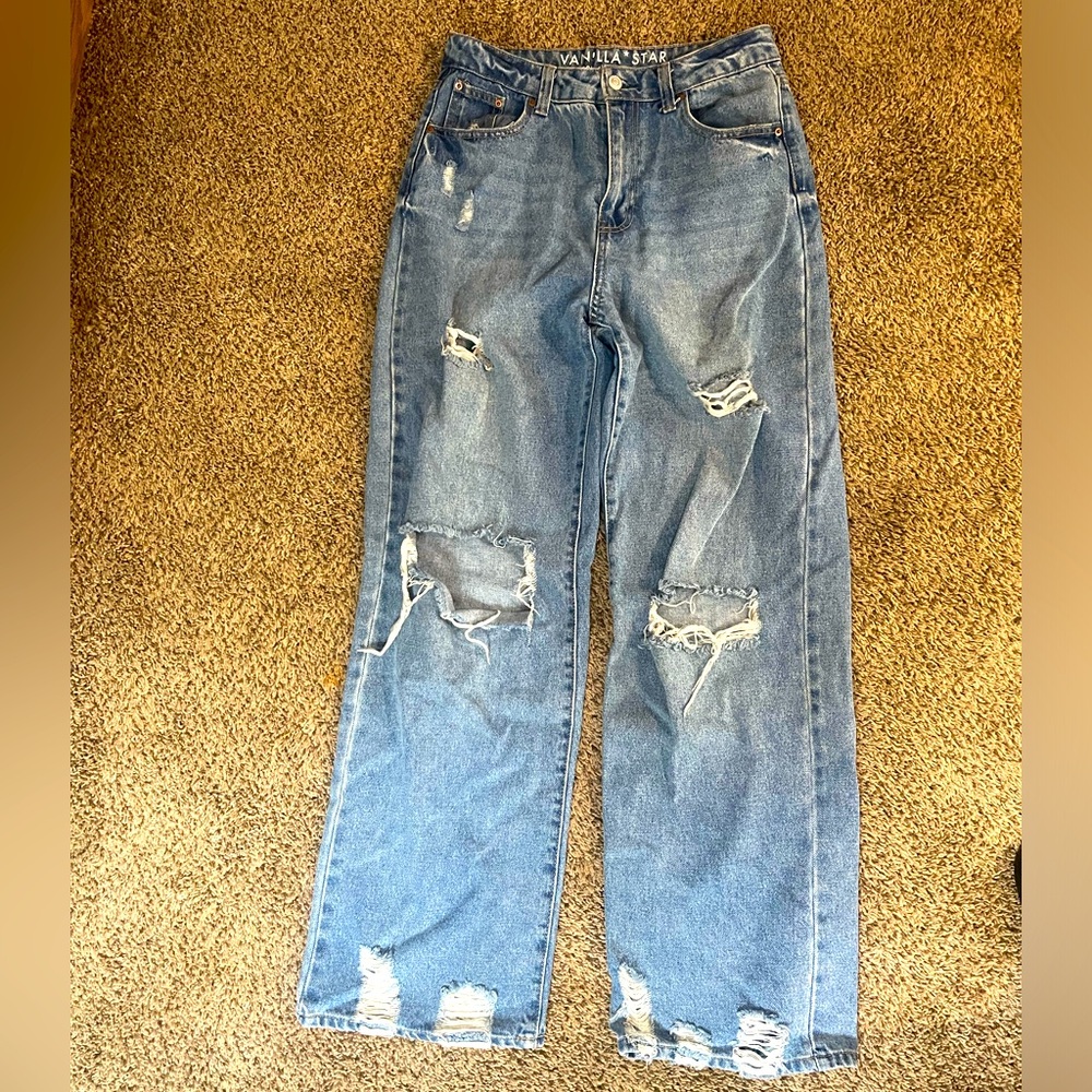 Vanilla Star Women's Ripped Light Blue Straight Leg Jeans